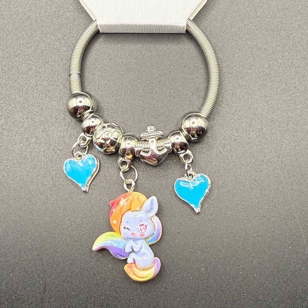 Cute Rainbow Unicorn Charm Bracelet Silver Tone Stretchy Bangle Hearts Anchor